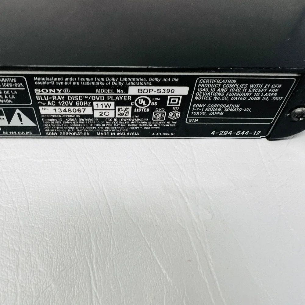Sony BDP-S390 Blu-Ray Disc DVD Player WiFi HDMI Streaming Black RMT-B119A Remote